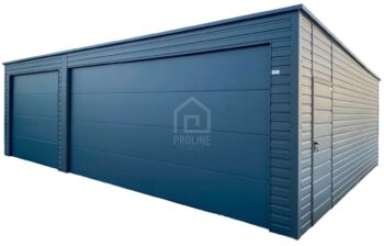 Garaż blaszany 9x5 m - 2x brama segmentowa - drzwi - antracyt - dach spad w tył PLG280