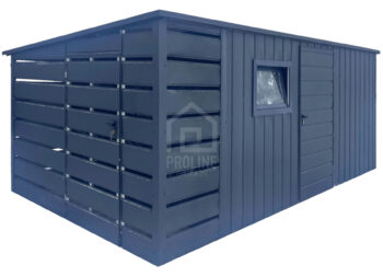 Schowek - Domek ogrodowy 4,5x3 m + wiata 1x3 m - brama dwuskrzydłowa - drzwi - okno - antracyt - dach spad w tył PLG285
